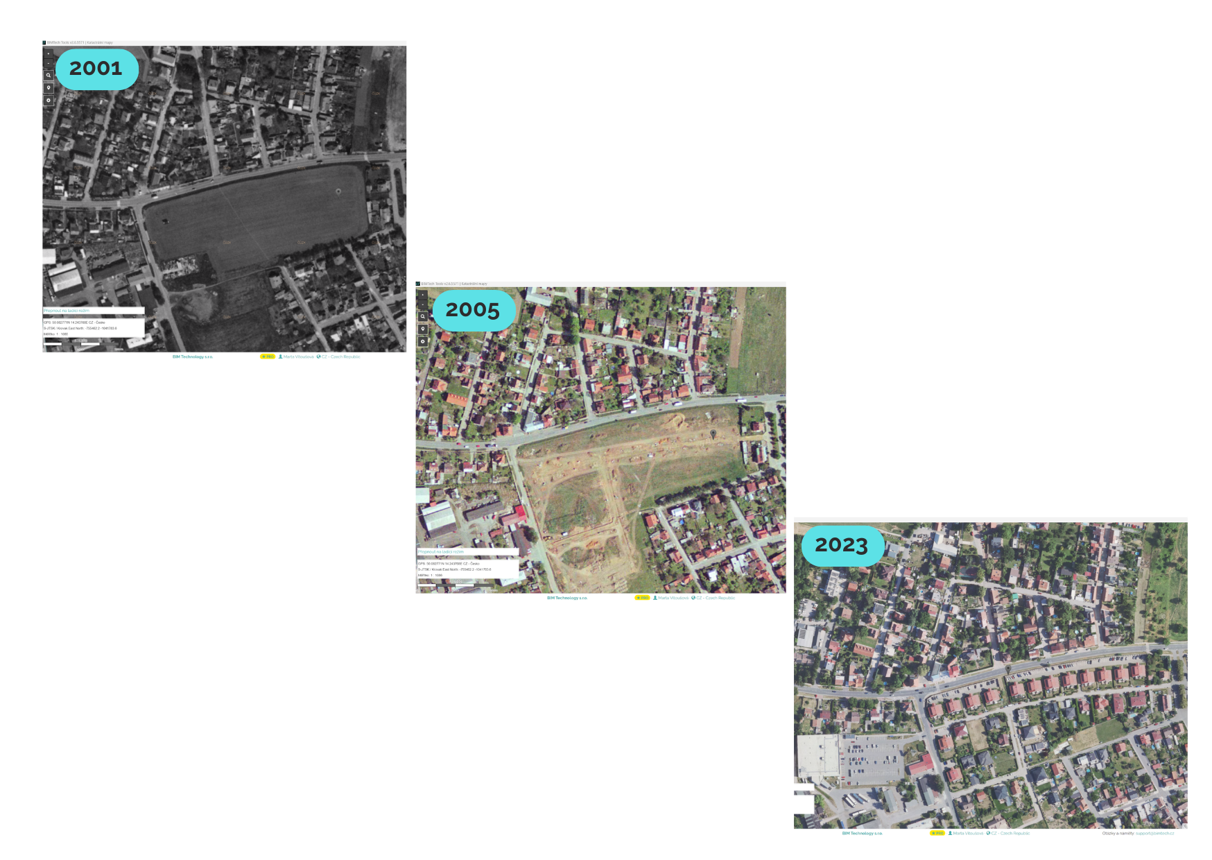 Historické ortofotomapy – srovnání 2001, 2005, 2023